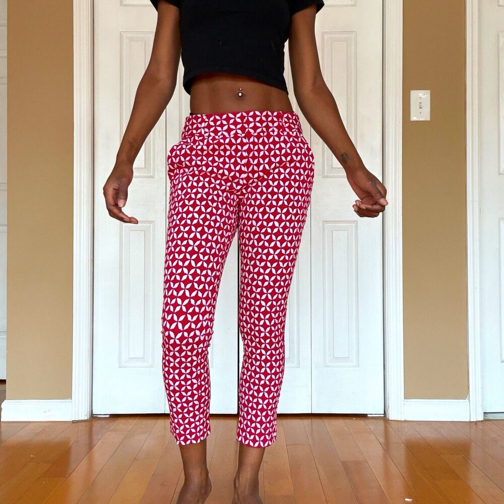 LOFT Petites 4P Red & White Geometric Skinny Dress Pants Stretch Pockets